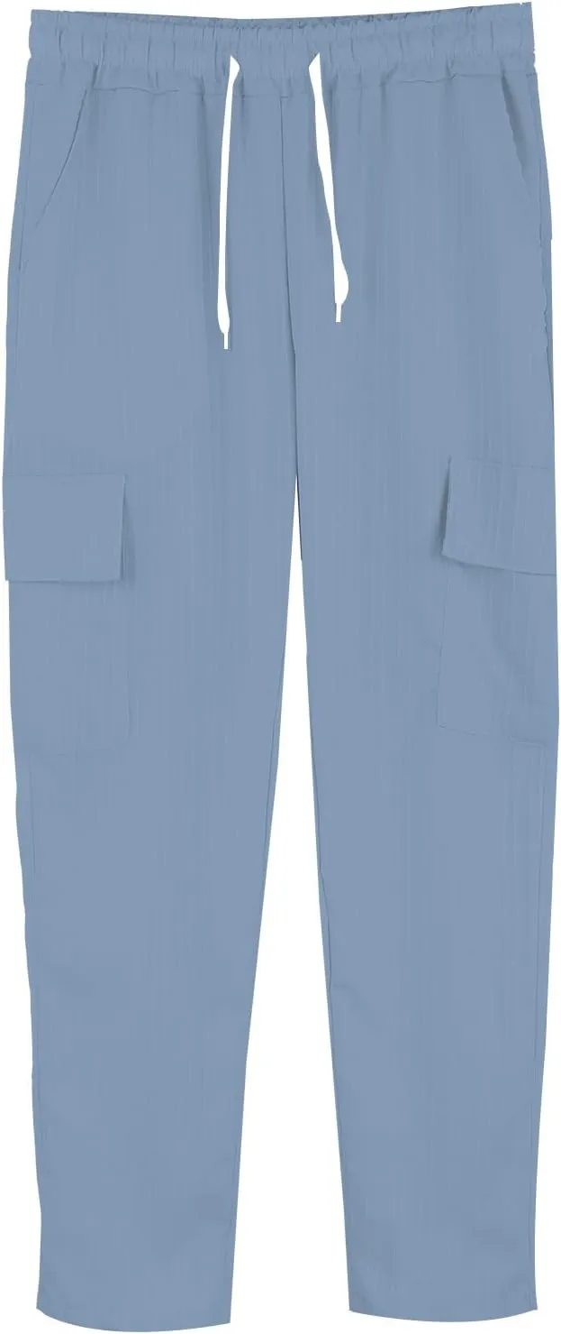 Cotton Linen Cargo Pants for Mens Elastic Waist Drawstring Straight Leg Trousers Casual Baggy Summer Pant with Pocket
