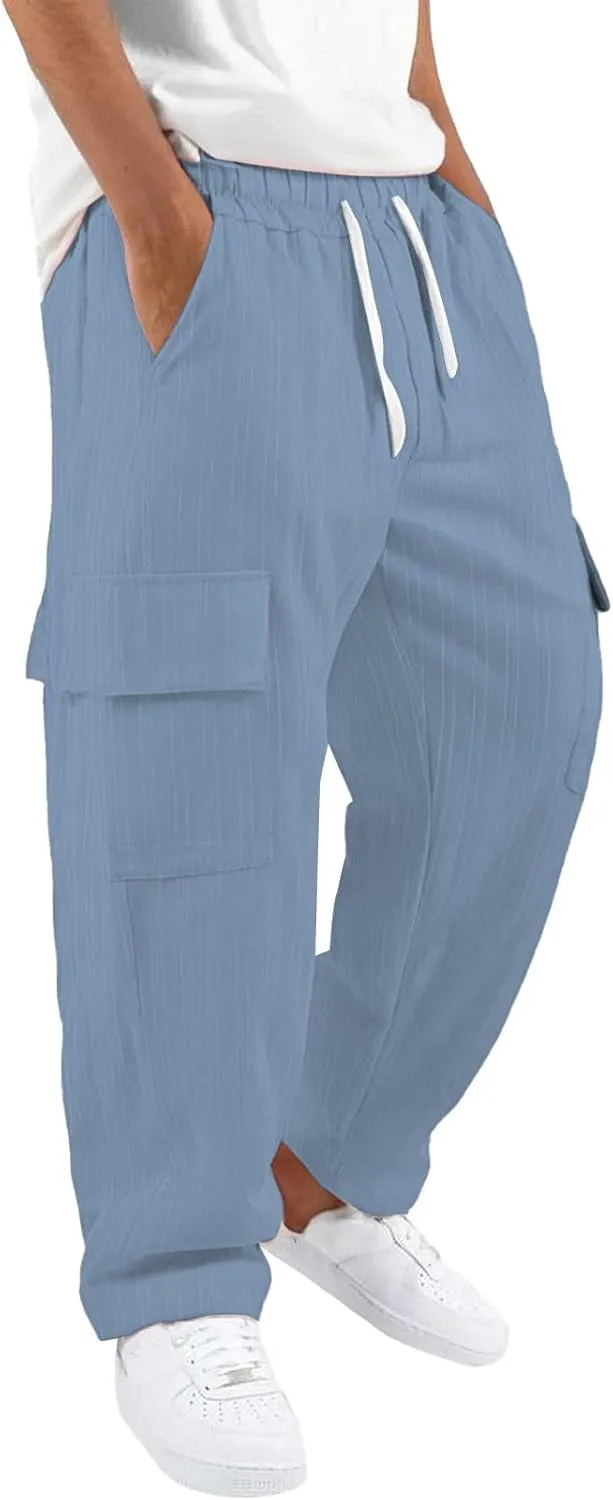 Cotton Linen Cargo Pants for Mens Elastic Waist Drawstring Straight Leg Trousers Casual Baggy Summer Pant with Pocket
