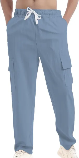Cotton Linen Cargo Pants for Mens Elastic Waist Drawstring Straight Leg Trousers Casual Baggy Summer Pant with Pocket