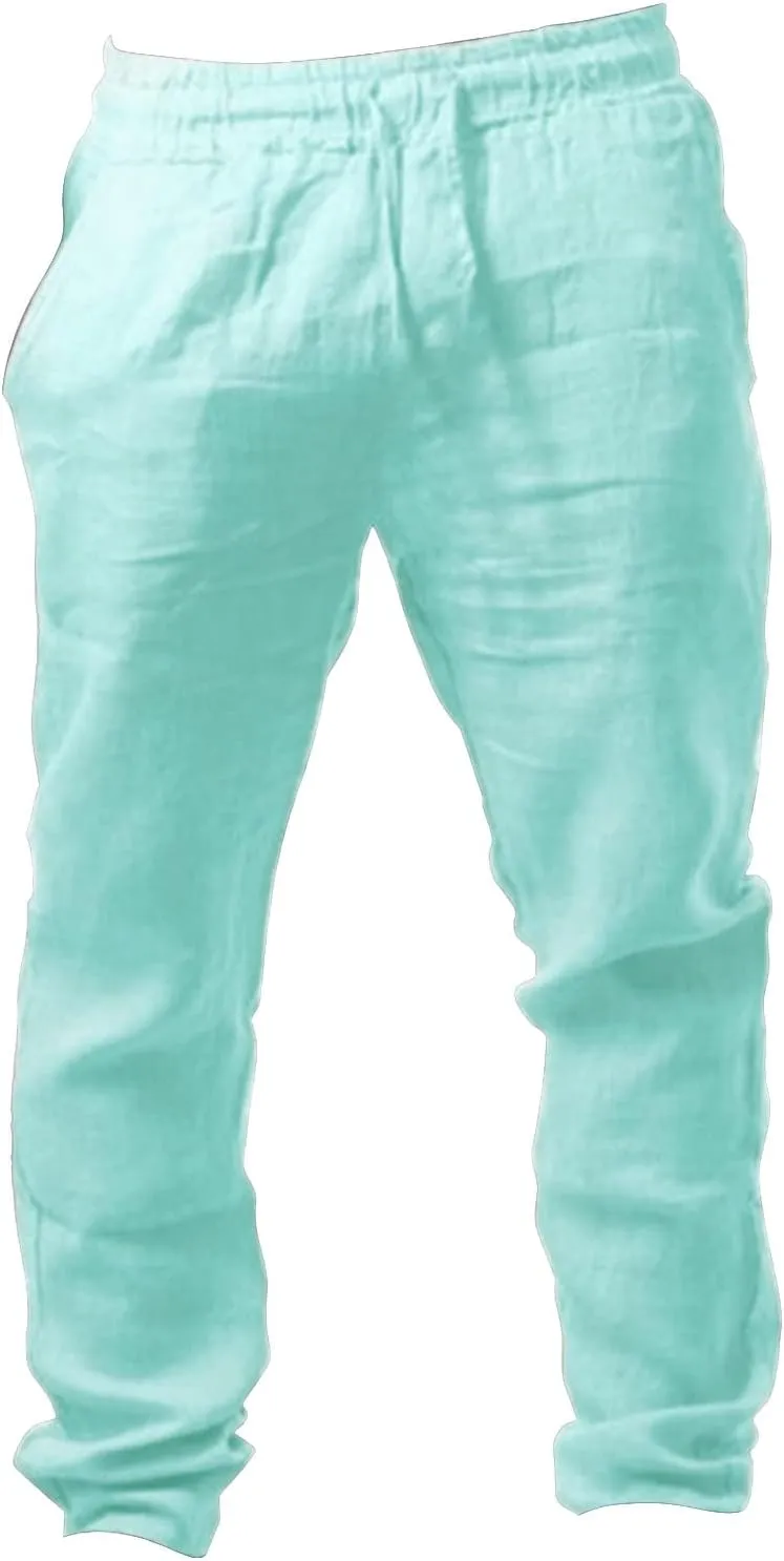 Cotton Linen Pants for Mens Casual Lightweight Loose Breathable Elastic Waist Drawstring Trousers Fashion Sweatpants