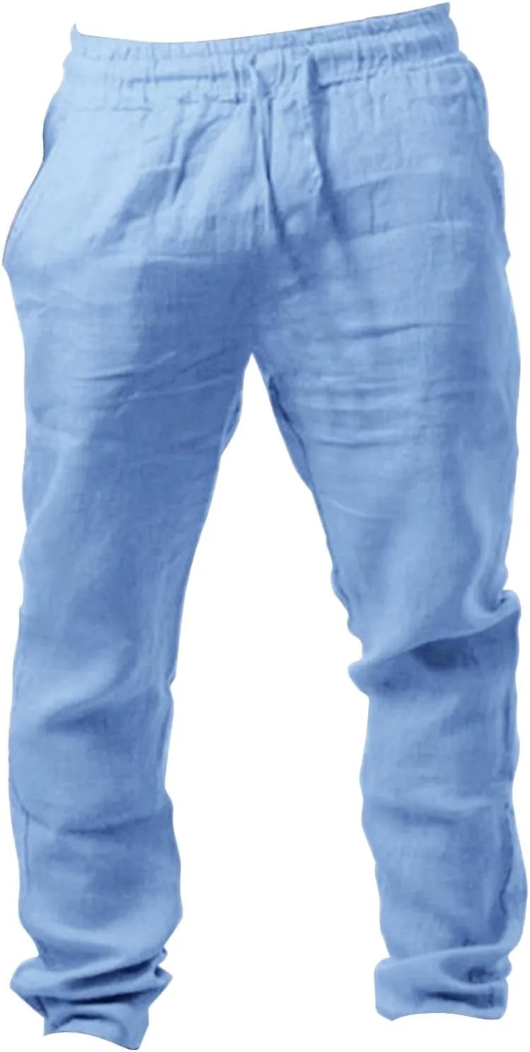 Cotton Linen Pants for Mens Casual Lightweight Loose Breathable Elastic Waist Drawstring Trousers Fashion Sweatpants