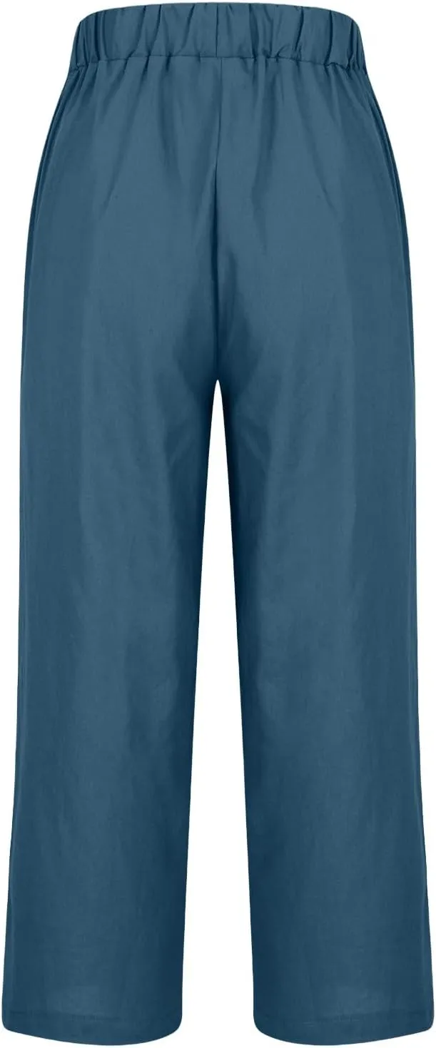 Cotton Linen Pants Women Plus Size High Waisted Cropped Lounge Trousers Casual Summer Wide Leg Beach Pant