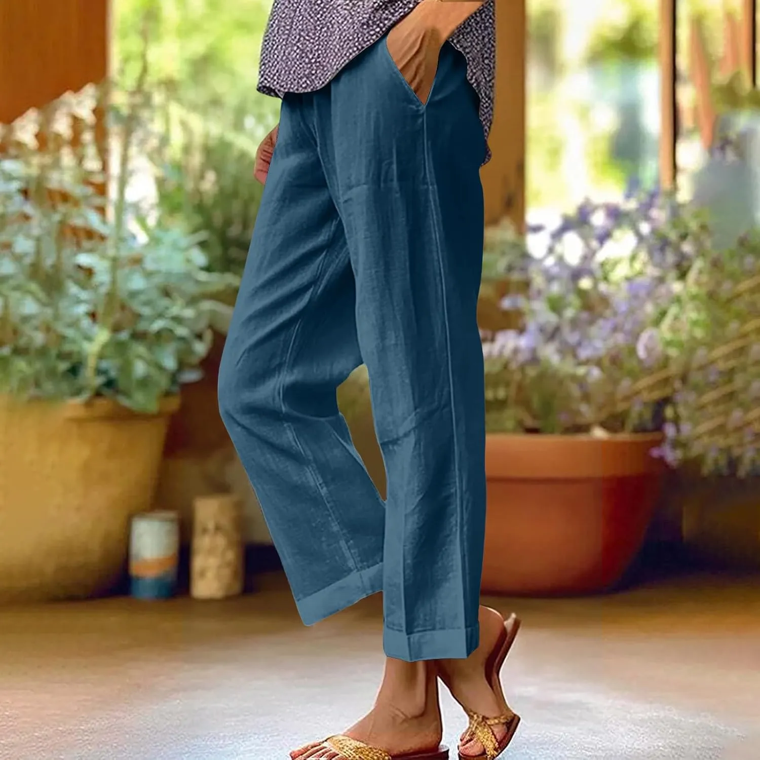Cotton Linen Pants Women Plus Size High Waisted Cropped Lounge Trousers Casual Summer Wide Leg Beach Pant