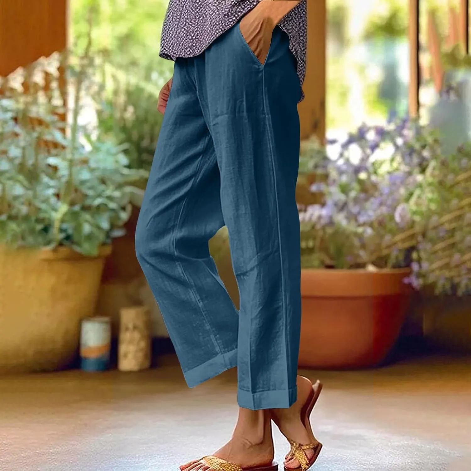 Cotton Linen Pants Women Plus Size High Waisted Cropped Lounge Trousers Casual Summer Wide Leg Beach Pant
