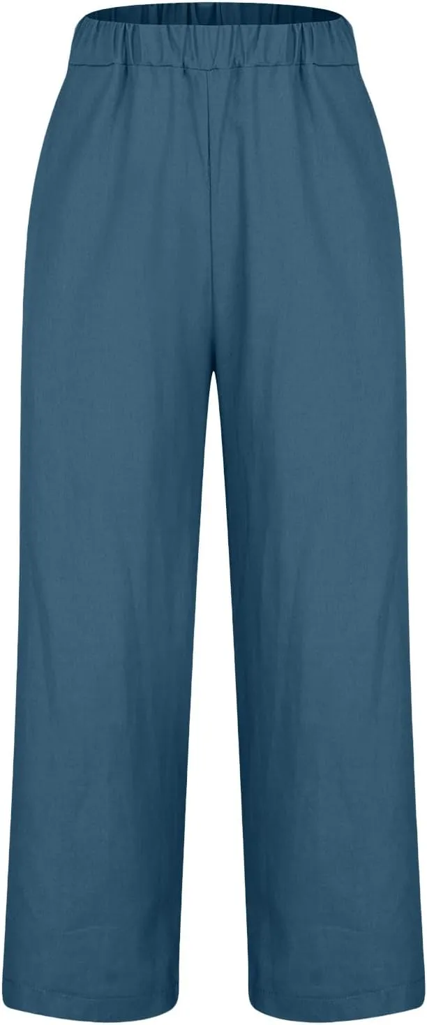 Cotton Linen Pants Women Plus Size High Waisted Cropped Lounge Trousers Casual Summer Wide Leg Beach Pant