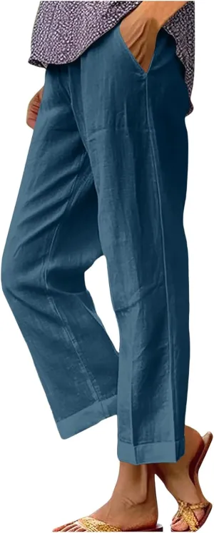 Cotton Linen Pants Women Plus Size High Waisted Cropped Lounge Trousers Casual Summer Wide Leg Beach Pant