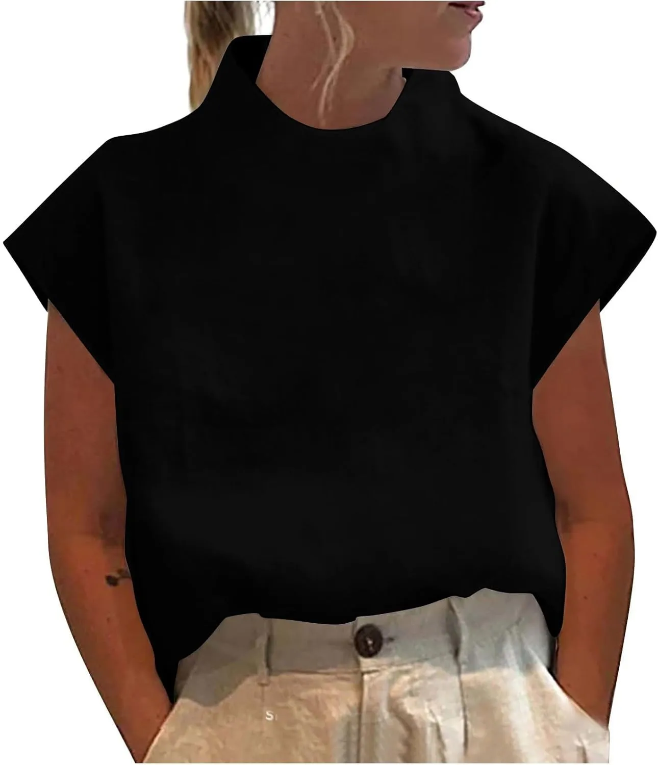Cotton Linen Shirts for Women Summer Casual High Neck Cap Sleeve Tops Tee Trendy Soft Comfy Business Work Blouses