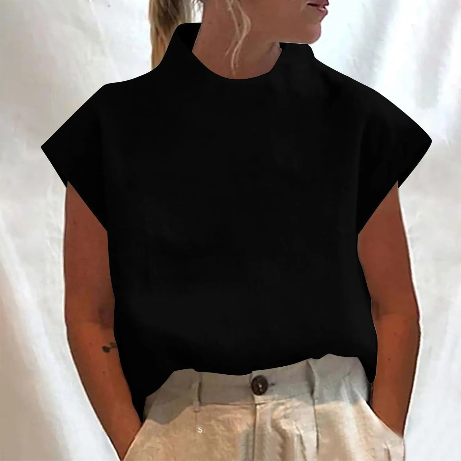 Cotton Linen Shirts for Women Summer Casual High Neck Cap Sleeve Tops Tee Trendy Soft Comfy Business Work Blouses