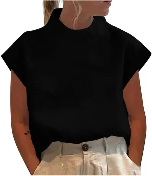 Cotton Linen Shirts for Women Summer Casual High Neck Cap Sleeve Tops Tee Trendy Soft Comfy Business Work Blouses