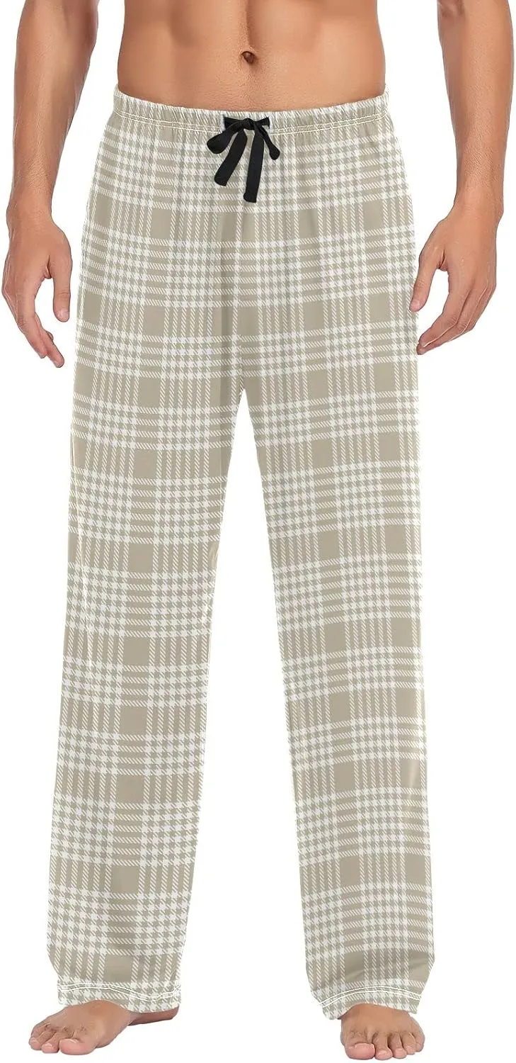 Cream Plaid Tartan Pajama Pants for Men Brown Taupe Mens Pajama Bottoms Lounge Pants L