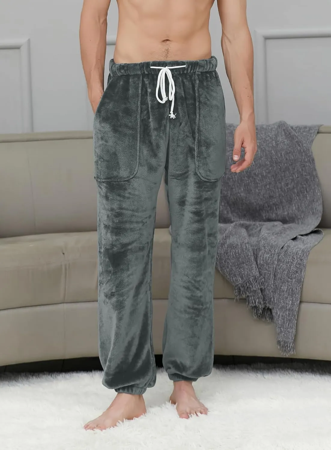 Cromoncent Mens Plush Warm Lounge Pj Pants Thickened Fleece Pajama Jogger Pants with Pockets Sleepwear