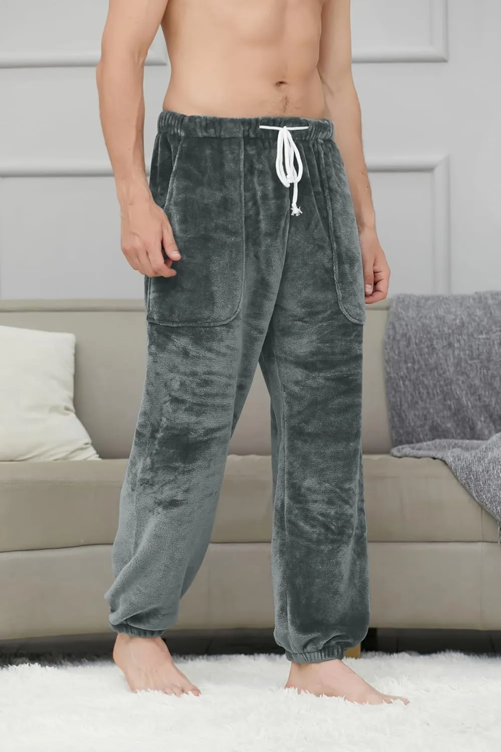 Cromoncent Mens Plush Warm Lounge Pj Pants Thickened Fleece Pajama Jogger Pants with Pockets Sleepwear