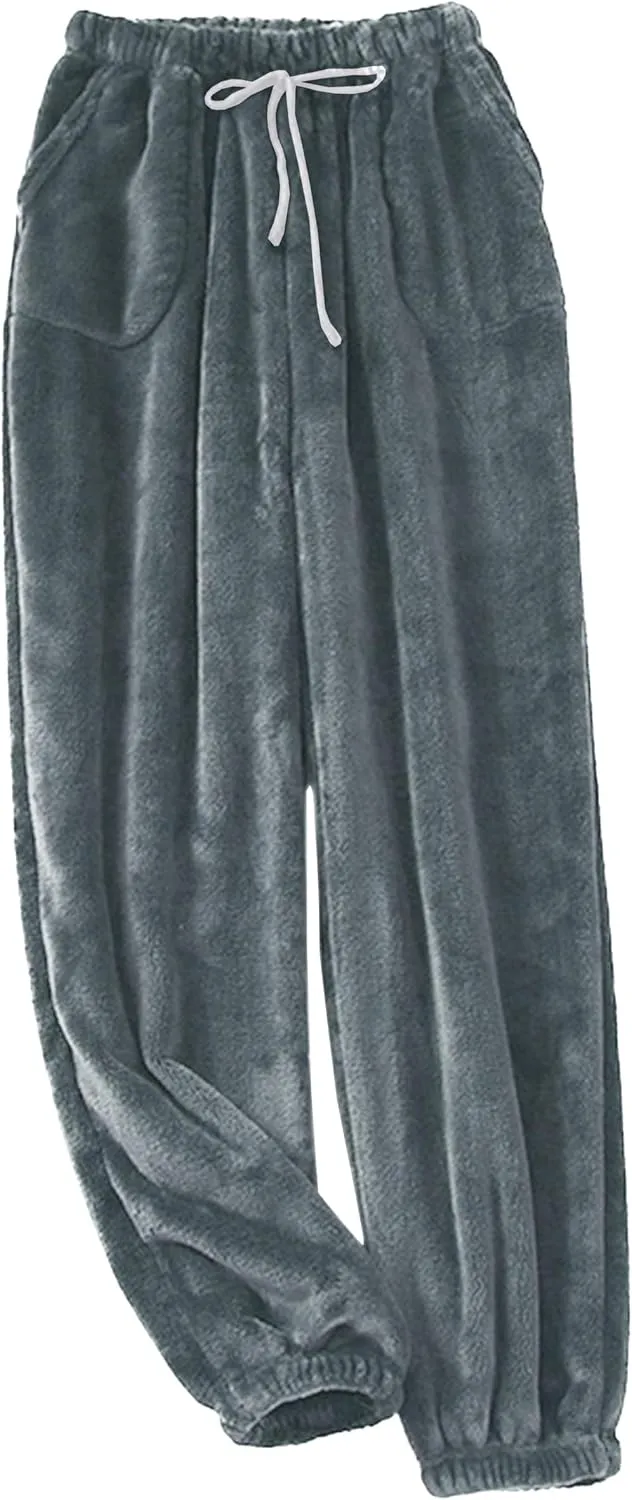 Cromoncent Mens Plush Warm Lounge Pj Pants Thickened Fleece Pajama Jogger Pants with Pockets Sleepwear