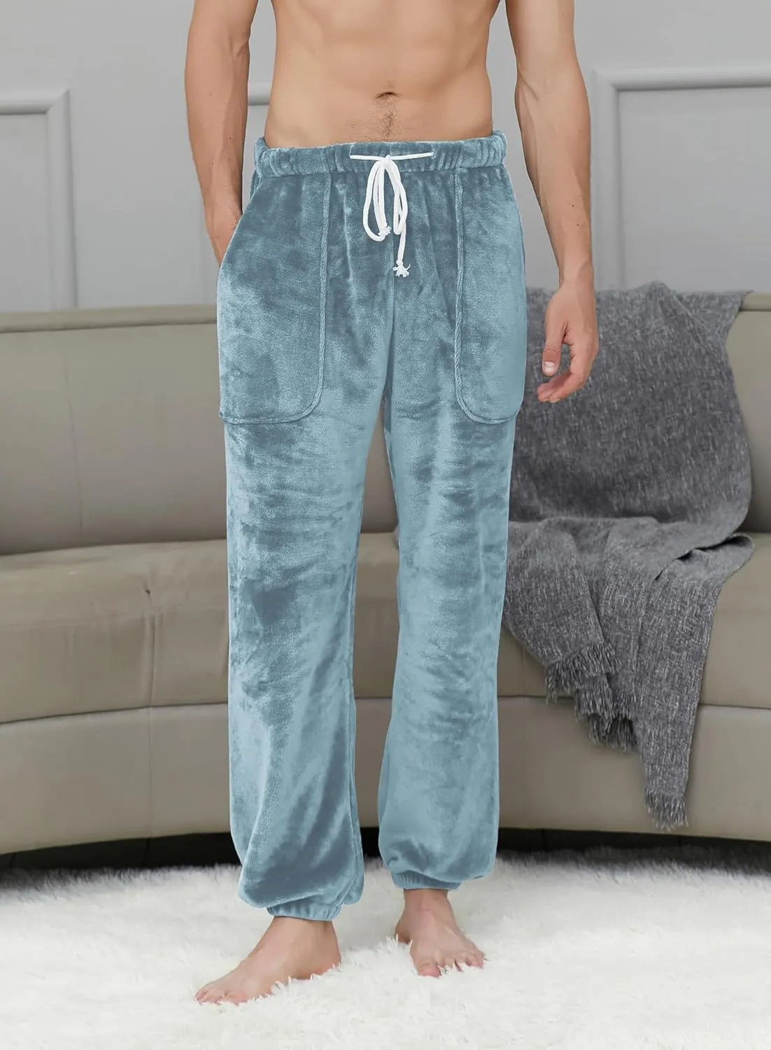 Cromoncent Mens Plush Warm Lounge Pj Pants Thickened Fleece Pajama Jogger Pants with Pockets Sleepwear