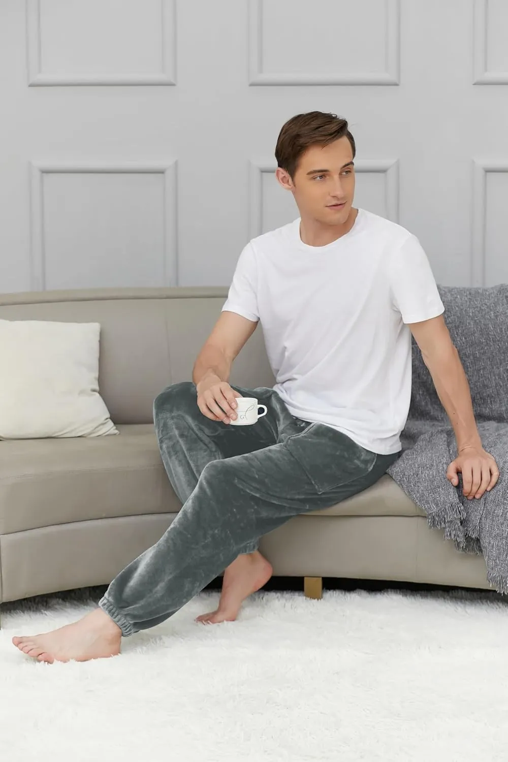 Cromoncent Mens Plush Warm Lounge Pj Pants Thickened Fleece Pajama Jogger Pants with Pockets Sleepwear