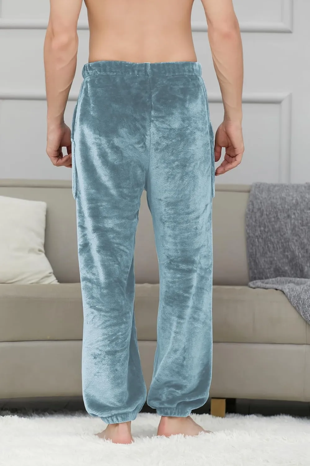 Cromoncent Mens Plush Warm Lounge Pj Pants Thickened Fleece Pajama Jogger Pants with Pockets Sleepwear