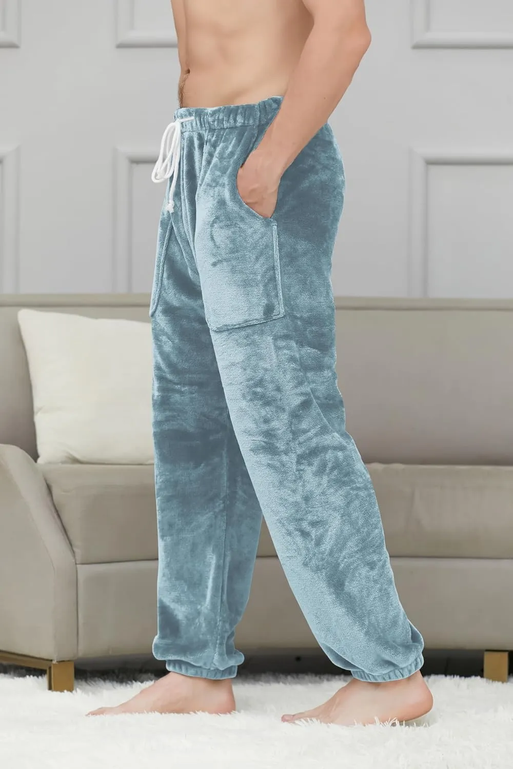 Cromoncent Mens Plush Warm Lounge Pj Pants Thickened Fleece Pajama Jogger Pants with Pockets Sleepwear