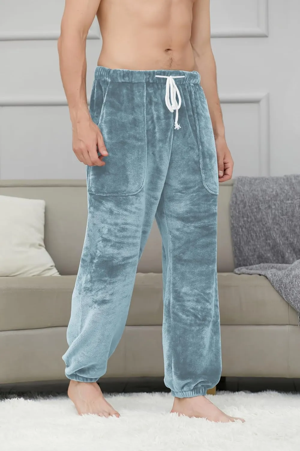 Cromoncent Mens Plush Warm Lounge Pj Pants Thickened Fleece Pajama Jogger Pants with Pockets Sleepwear