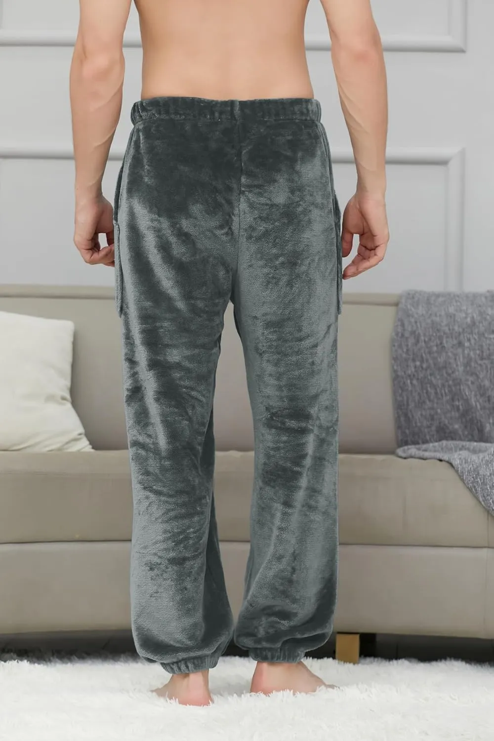 Cromoncent Mens Plush Warm Lounge Pj Pants Thickened Fleece Pajama Jogger Pants with Pockets Sleepwear