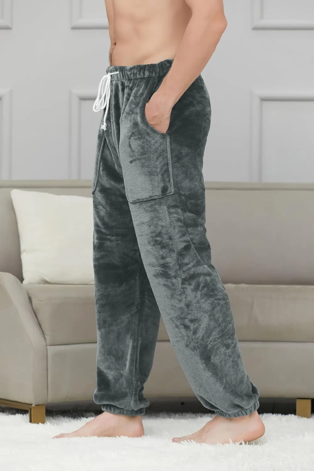 Cromoncent Mens Plush Warm Lounge Pj Pants Thickened Fleece Pajama Jogger Pants with Pockets Sleepwear