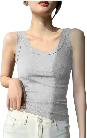 Crop Tank Tops for Women Scoop Neck Ribbed Knit Slim Fit Basic Tees Summer Going Out Top Teen Girls Sleeveless Shirt