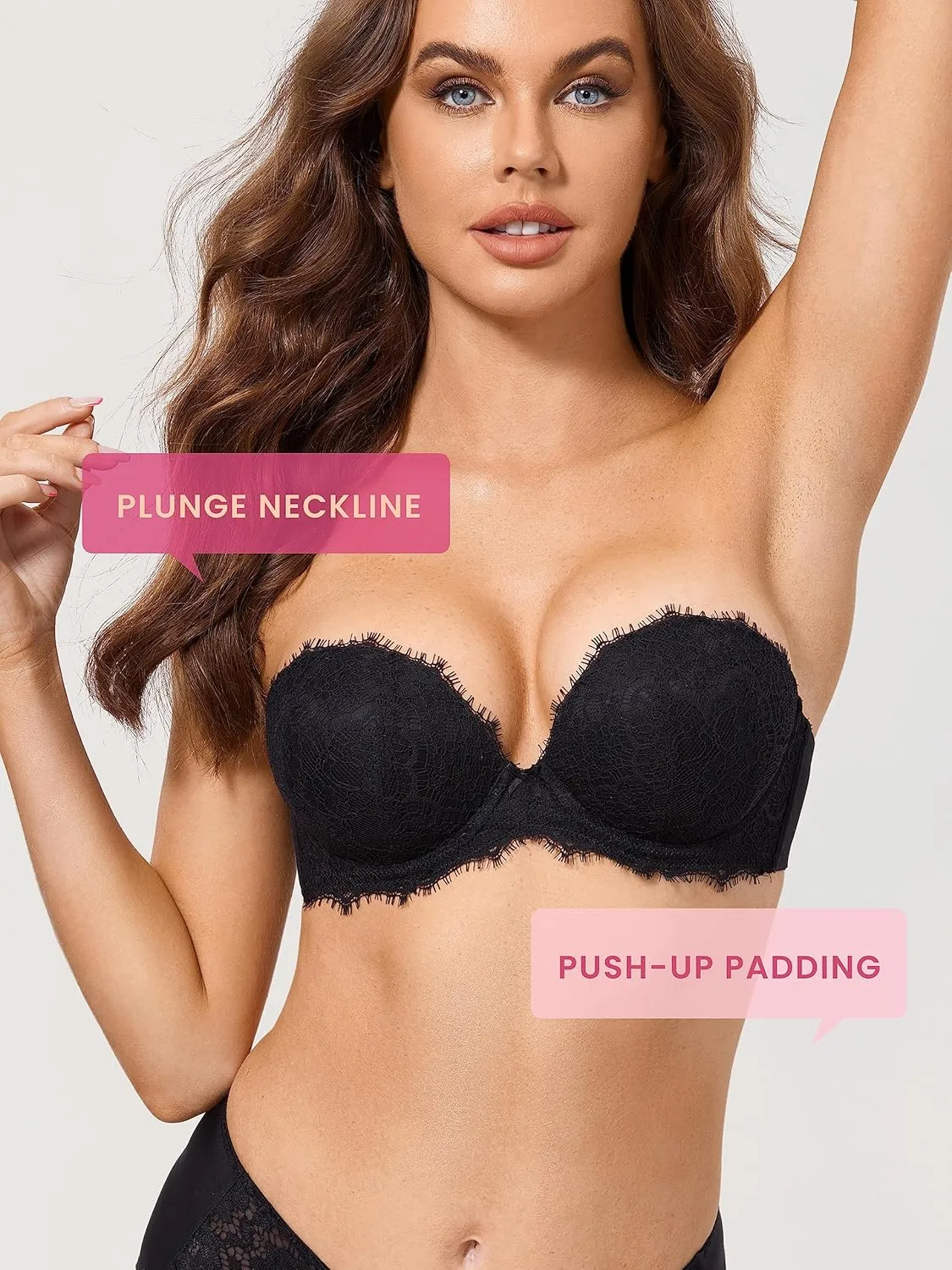 DOBREVA Women's Strapless Push Up Bra Lace Plus Size Plunge Padded Underwire Bras Add 1 Cup