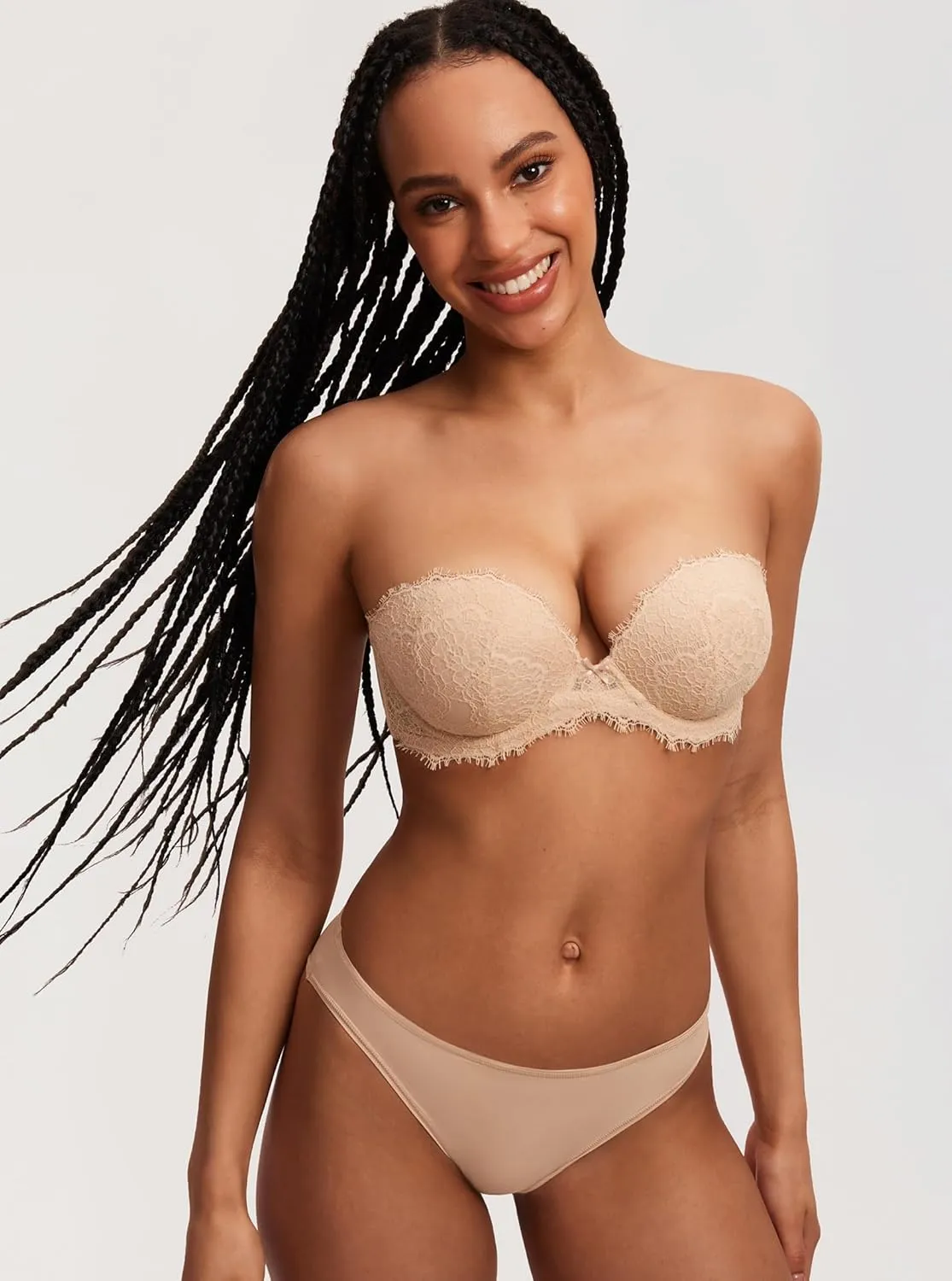DOBREVA Women's Strapless Push Up Bra Lace Plus Size Plunge Padded Underwire Bras Add 1 Cup