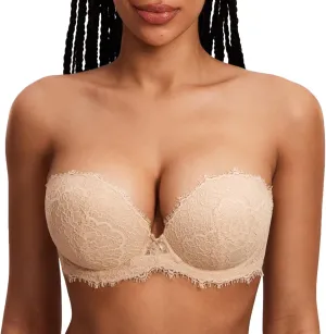 DOBREVA Women's Strapless Push Up Bra Lace Plus Size Plunge Padded Underwire Bras Add 1 Cup