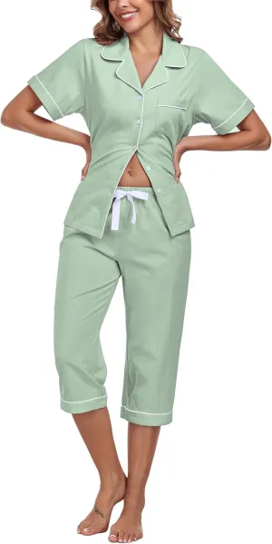 EA'S SECRET 100% Cotton Pajamas for Women Set Short Sleeve Button Down Sleepwear Capri Nightwear Pjs Loungewear