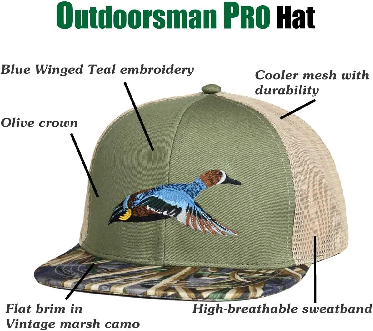 EDTREK Outdoorsman Pro Trucker Breathable Mesh Performance Cap - Flat Brim Snapback Hat