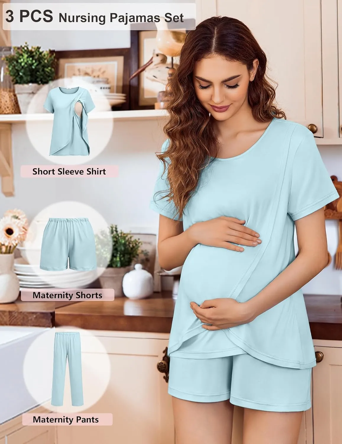 Ekouaer 3 PCS Maternity Nursing Pajamas Set Postpartum Breastfeeding Short Sleeve Shirts, Pregnancy Shorts & Pants Pjs S-XXL