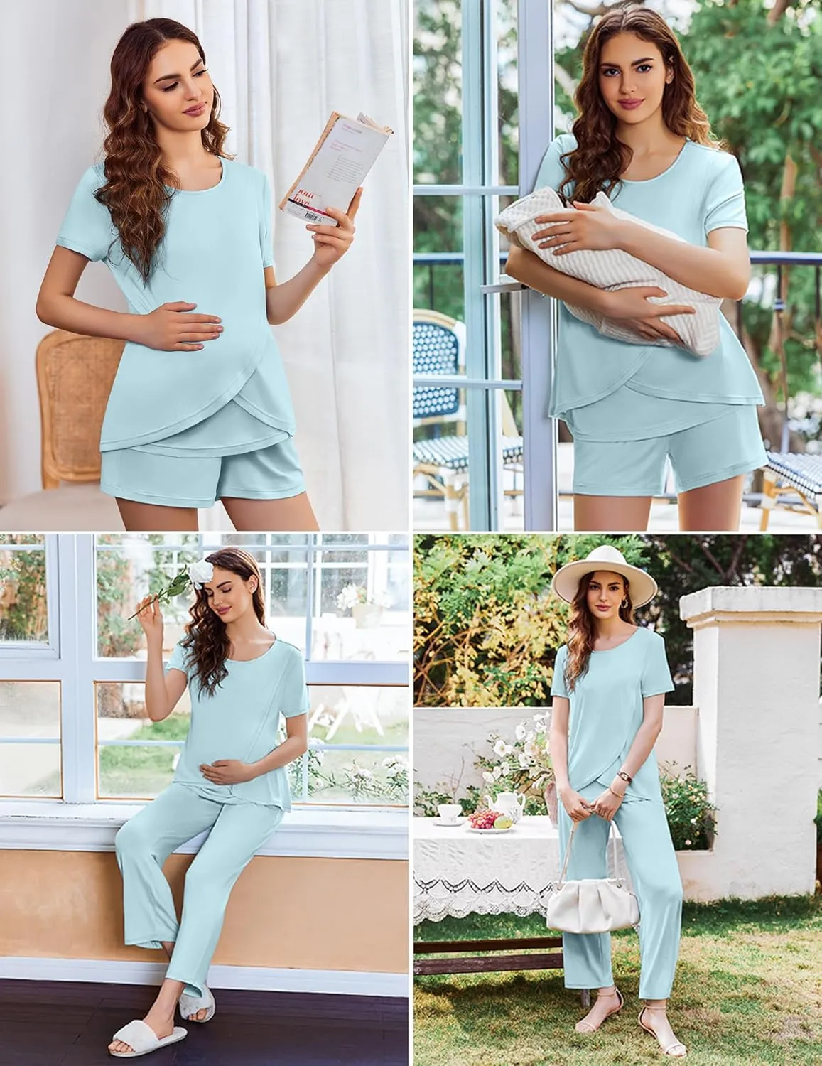 Ekouaer 3 PCS Maternity Nursing Pajamas Set Postpartum Breastfeeding Short Sleeve Shirts, Pregnancy Shorts & Pants Pjs S-XXL