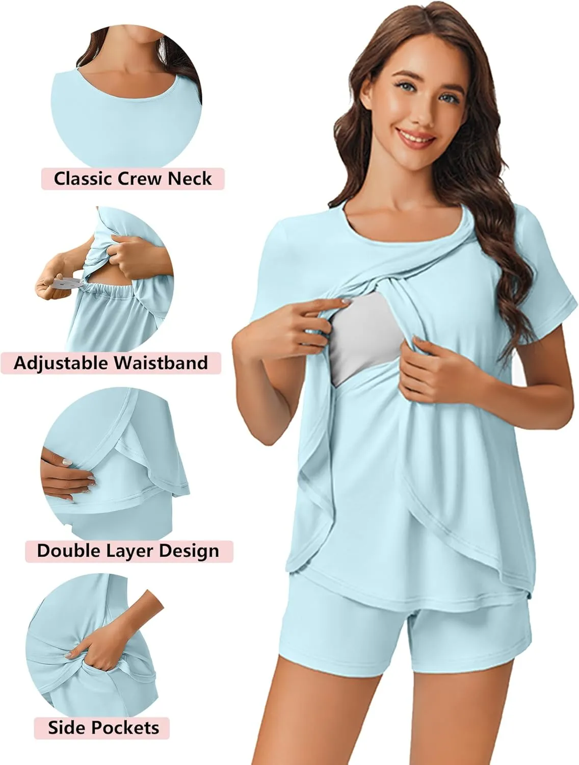 Ekouaer 3 PCS Maternity Nursing Pajamas Set Postpartum Breastfeeding Short Sleeve Shirts, Pregnancy Shorts & Pants Pjs S-XXL