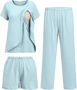 Ekouaer 3 PCS Maternity Nursing Pajamas Set Postpartum Breastfeeding Short Sleeve Shirts, Pregnancy Shorts & Pants Pjs S-XXL