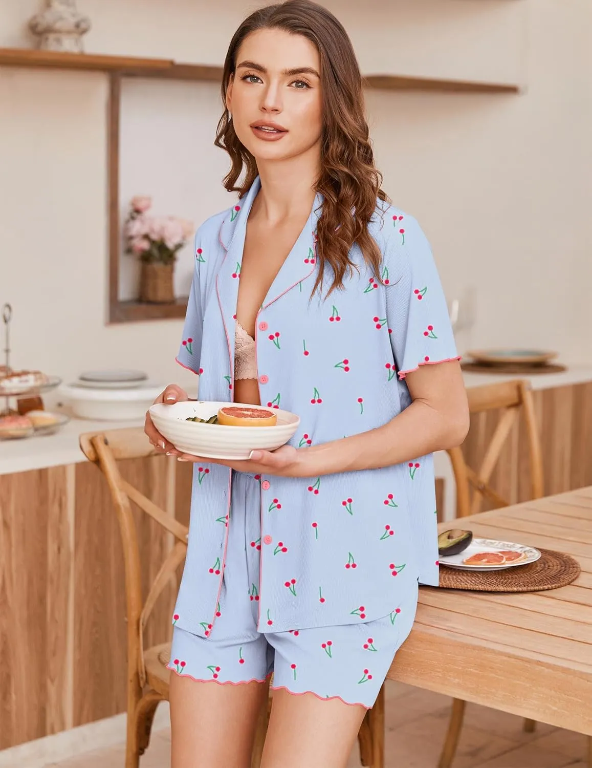 Ekouaer Button Up Pajamas Set for Women Short Sleeve Ribbed Knit Sleepwear 2 Piece Pjs Shorts Set