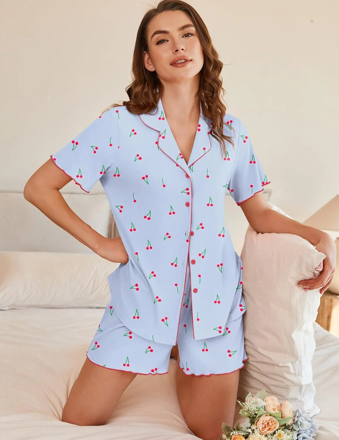 Ekouaer Button Up Pajamas Set for Women Short Sleeve Ribbed Knit Sleepwear 2 Piece Pjs Shorts Set