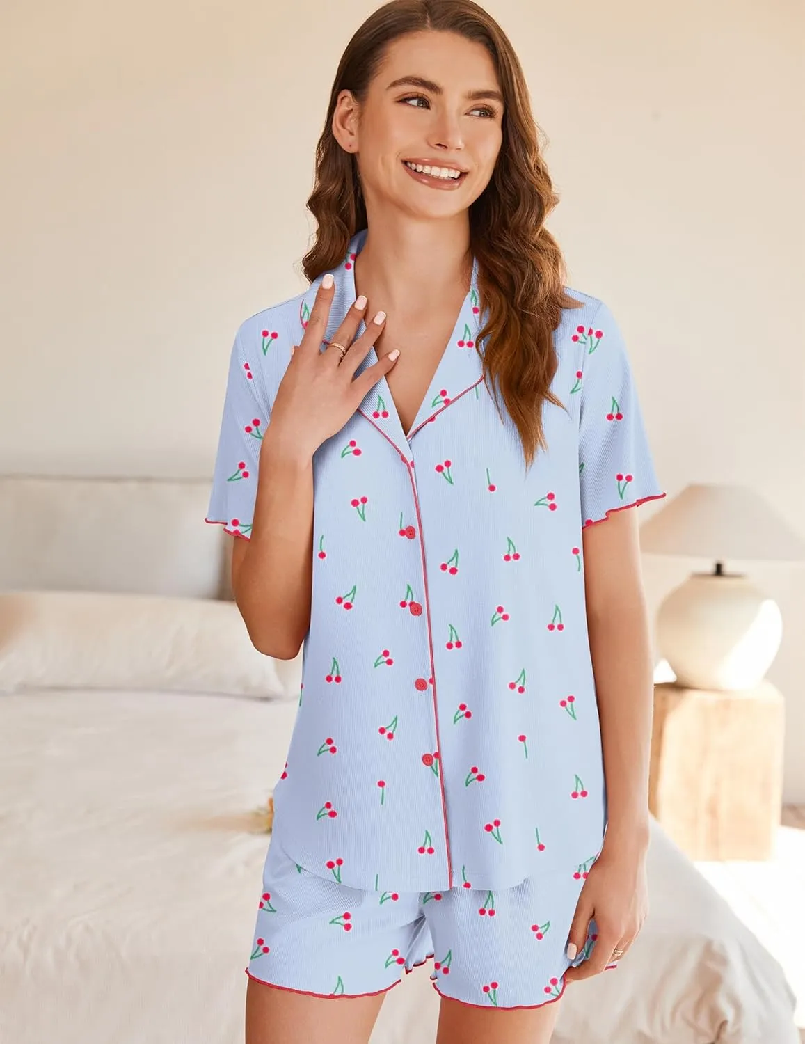 Ekouaer Button Up Pajamas Set for Women Short Sleeve Ribbed Knit Sleepwear 2 Piece Pjs Shorts Set