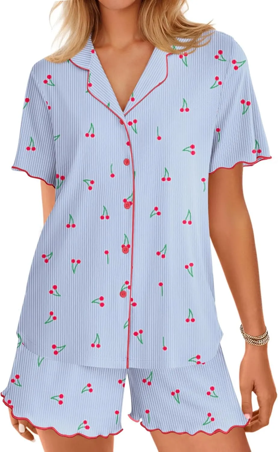 Ekouaer Button Up Pajamas Set for Women Short Sleeve Ribbed Knit Sleepwear 2 Piece Pjs Shorts Set