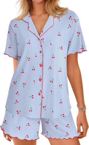 Ekouaer Button Up Pajamas Set for Women Short Sleeve Ribbed Knit Sleepwear 2 Piece Pjs Shorts Set