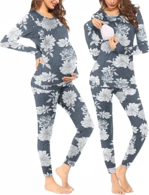 Ekouaer Nursing Pajama Set Long Sleeve Maternity Sleepwear Labor Delivery Pjs Breastfeeding Thermal Underwear Clothes