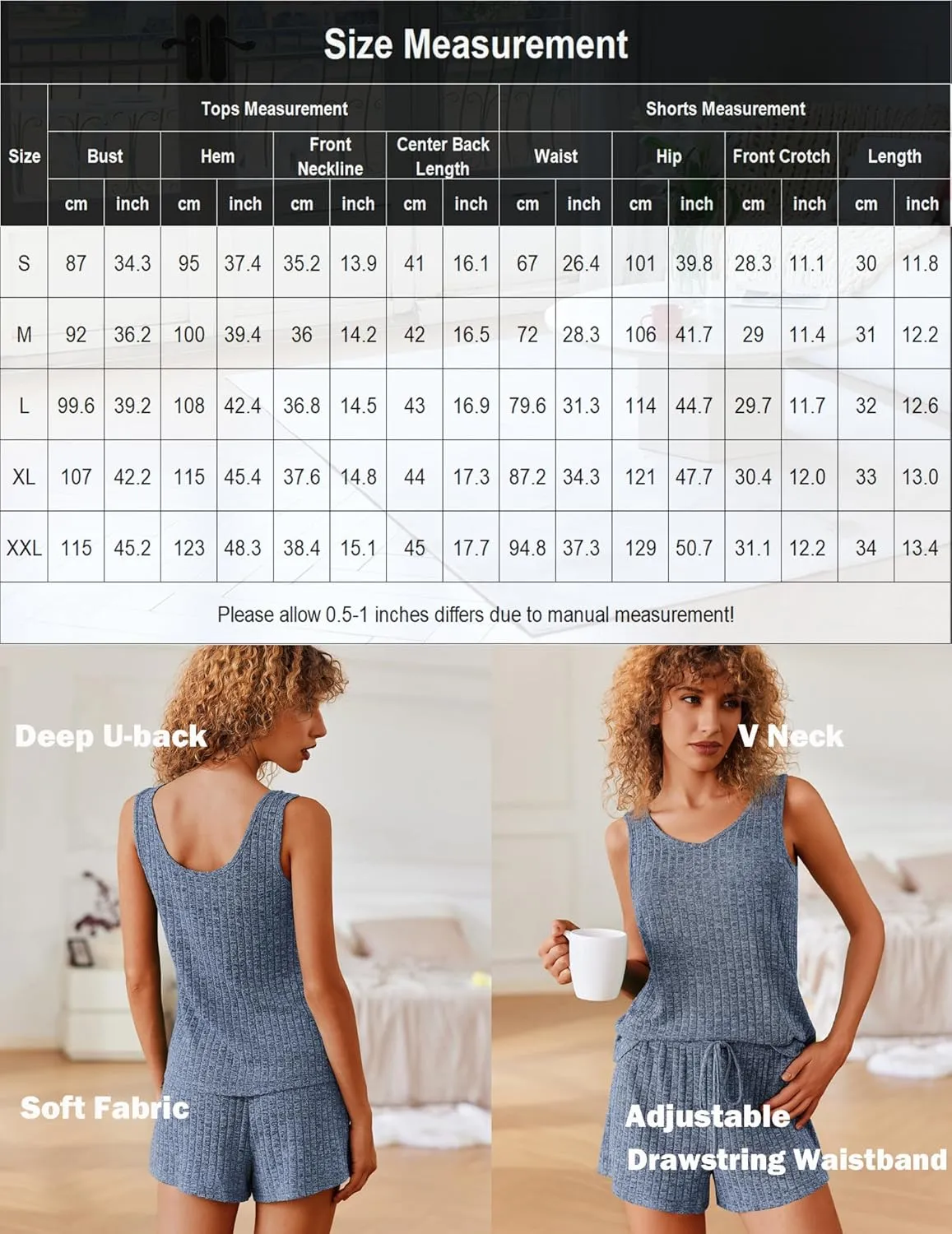 Ekouaer Women's Pajamas Sleeveless V Neck Pjs Set Ribbed Knit Summer Loungewear Sleepwear S-XXL