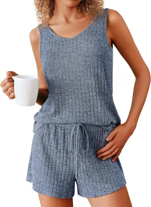 Ekouaer Women's Pajamas Sleeveless V Neck Pjs Set Ribbed Knit Summer Loungewear Sleepwear S-XXL