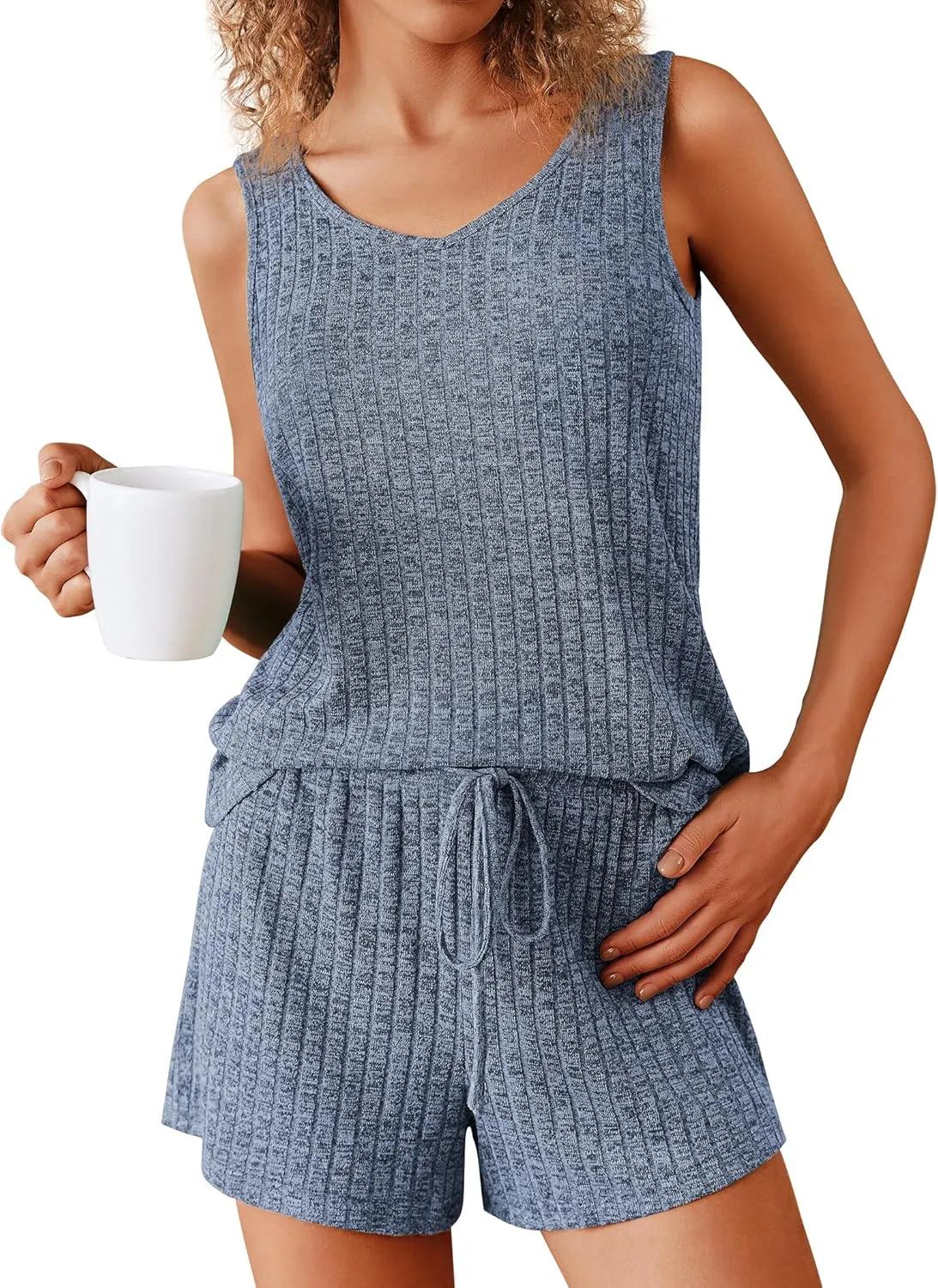 Ekouaer Women's Pajamas Sleeveless V Neck Pjs Set Ribbed Knit Summer Loungewear Sleepwear S-XXL