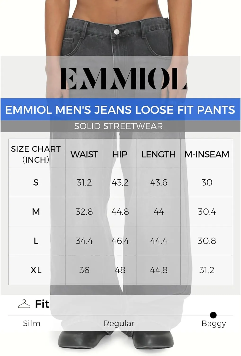 EMMIOL Mens Baggy Hip Hop Jeans Loose Fit Long Denim Pants Casual Trousers Streetwear