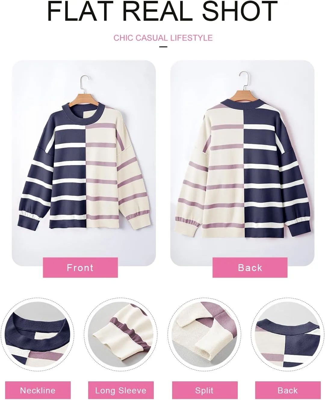 EVALESS Womens Striped Sweaters Long Sleeve Cable Knitted Color Block Casual Loose Lightweight Oversized Sweaters Pullover