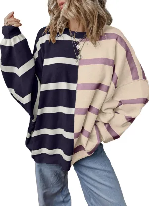EVALESS Womens Striped Sweaters Long Sleeve Cable Knitted Color Block Casual Loose Lightweight Oversized Sweaters Pullover