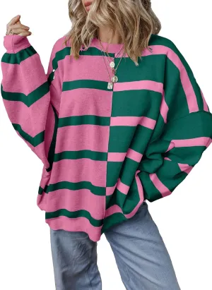 EVALESS Womens Striped Sweaters Long Sleeve Cable Knitted Color Block Casual Loose Lightweight Oversized Sweaters Pullover