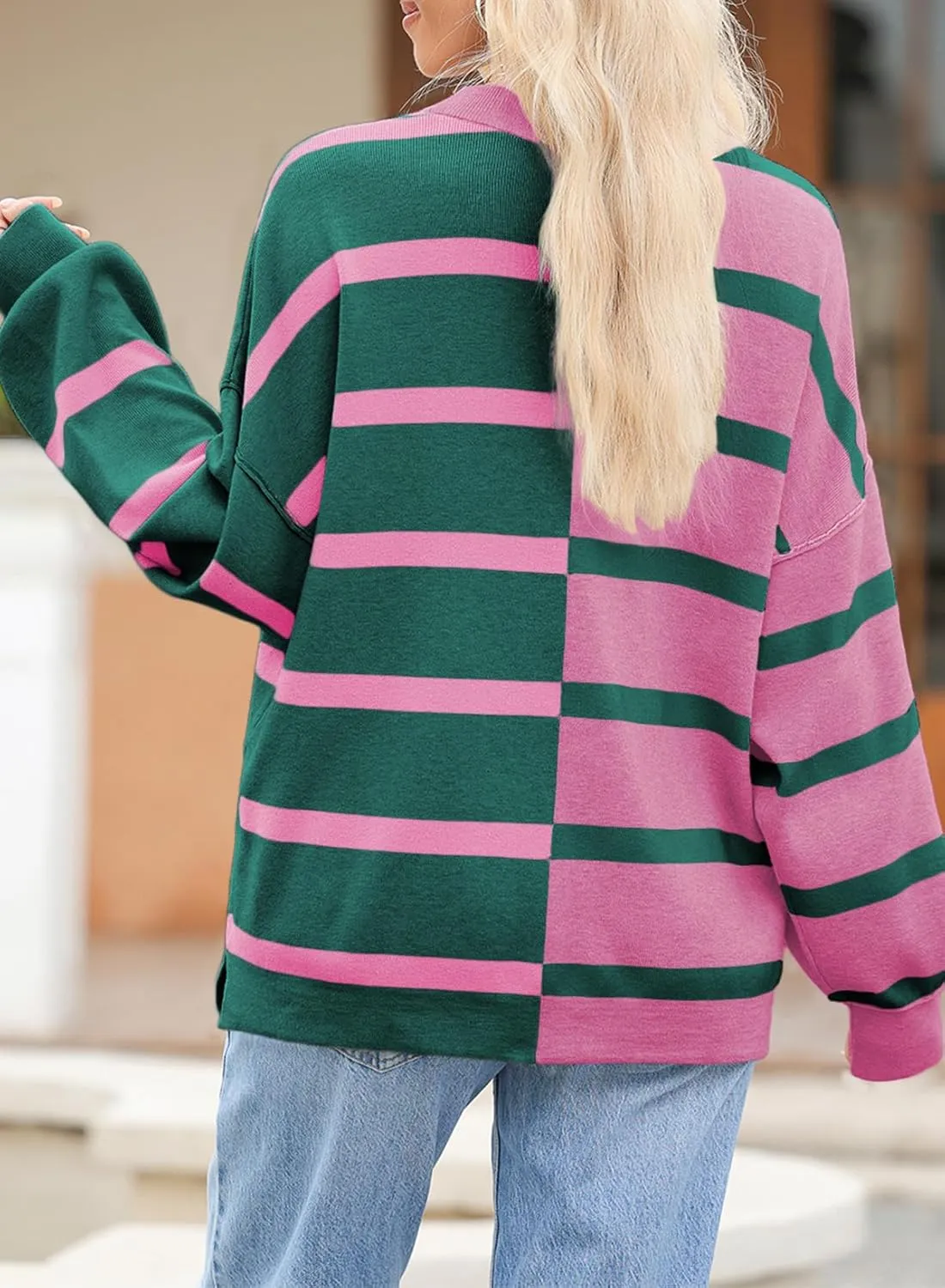 EVALESS Womens Striped Sweaters Long Sleeve Cable Knitted Color Block Casual Loose Lightweight Oversized Sweaters Pullover