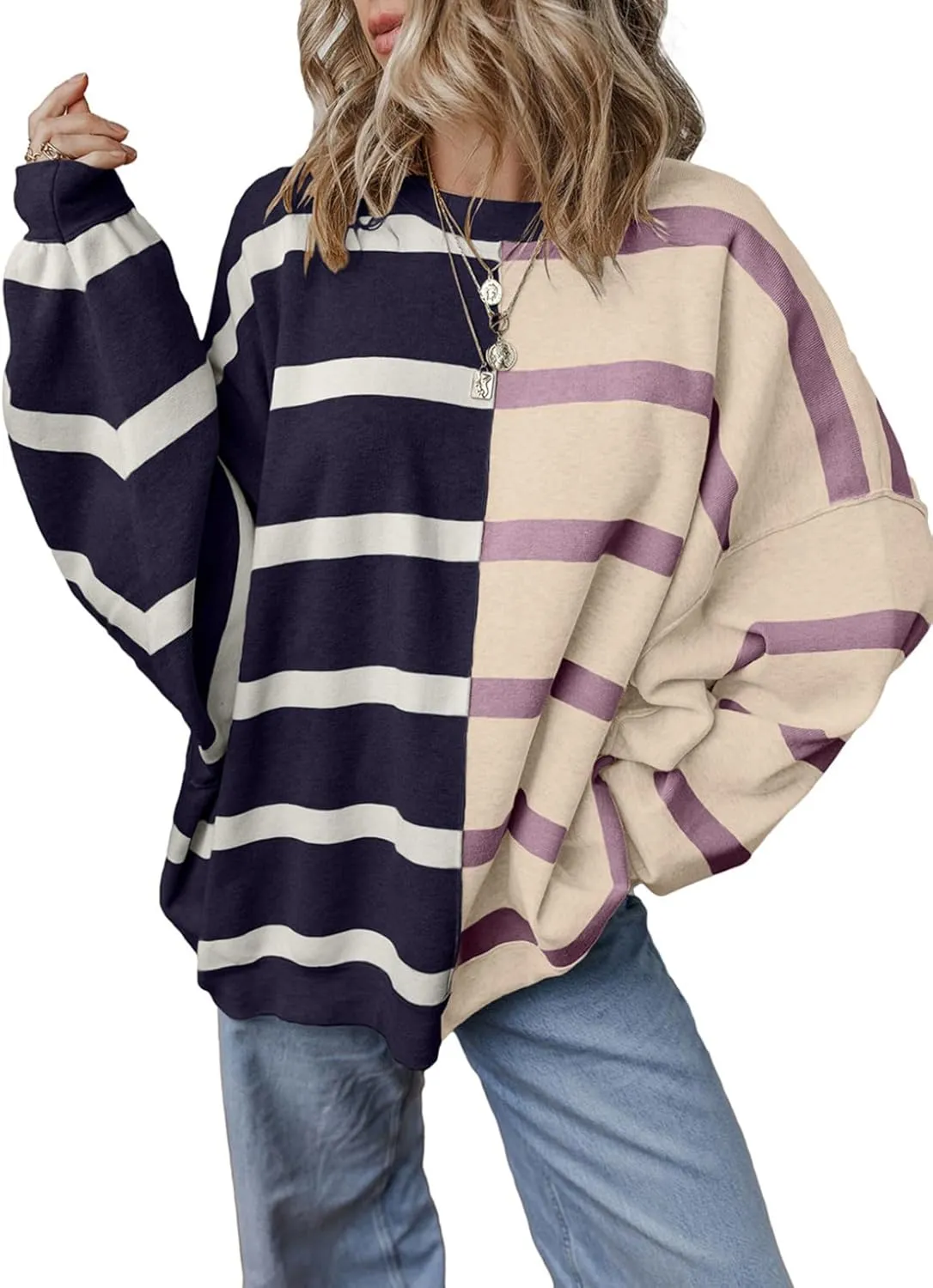 EVALESS Womens Striped Sweaters Long Sleeve Cable Knitted Color Block Casual Loose Lightweight Oversized Sweaters Pullover