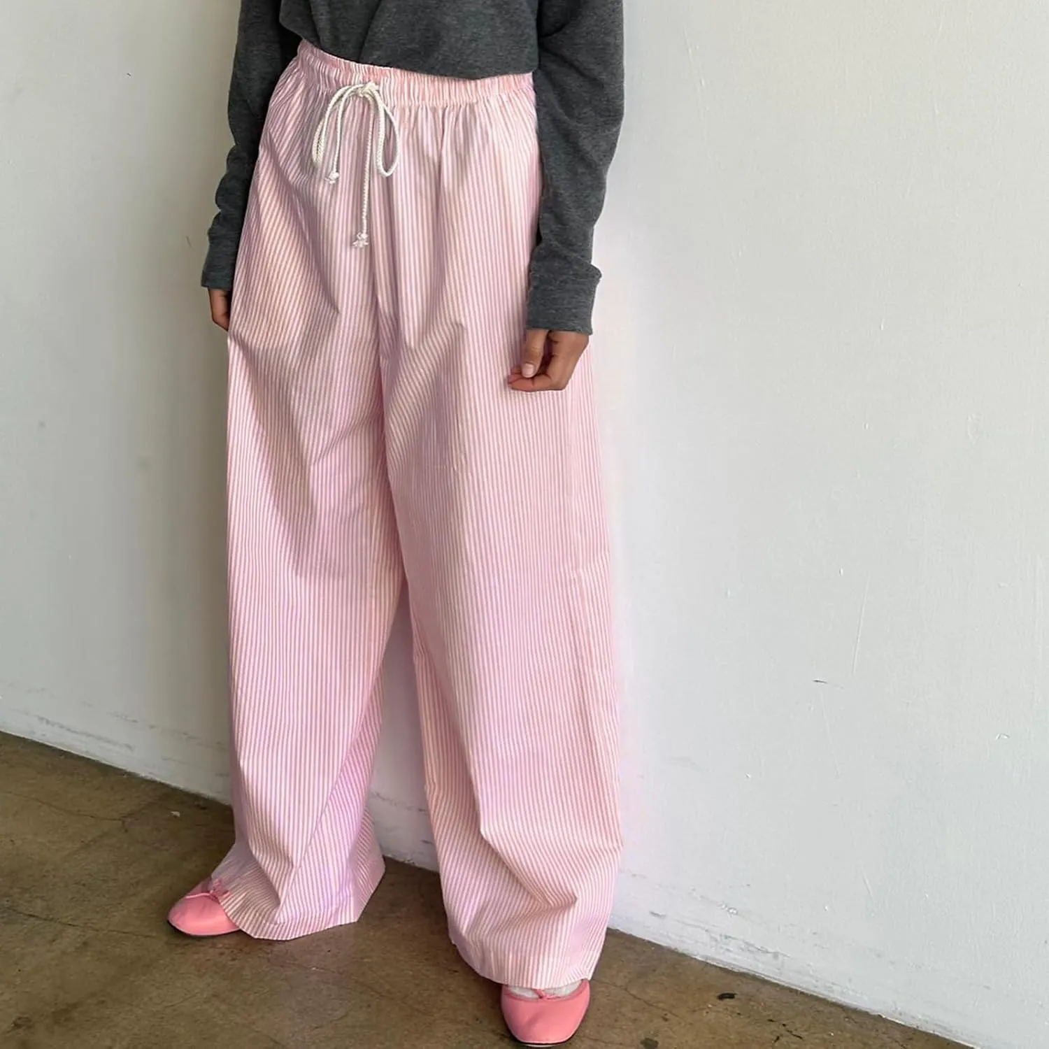 Faretumiya Striped Long Pants Women Elastic Straight Wide Leg Pants Y2k Causal Lounge Drawstring Stripe Trousers Pajama Pant